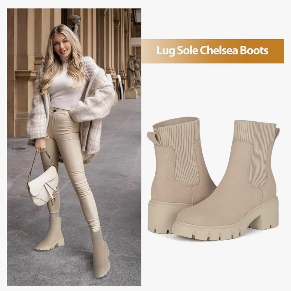 Platform Chunky Suede Booties 9 Nude - Picture 2 of 7